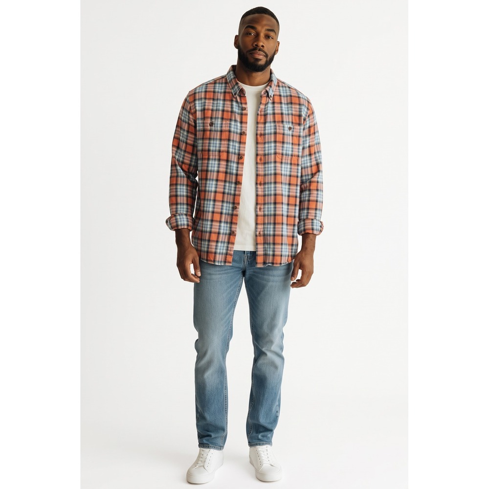 Duluth Trading Co Mens 3XL Tall Orange Blue Plaid Flannel Button Down Shirt